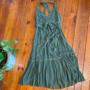 Retro Silk BCBGMaxAzria Olive Green Tie Neck MIDI Halter Dress Silk Size 10 Y2K